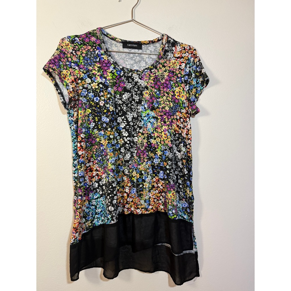 Karen Kane Floral Tunic Top Women Black High Low‎ Boho Casual Mix Media